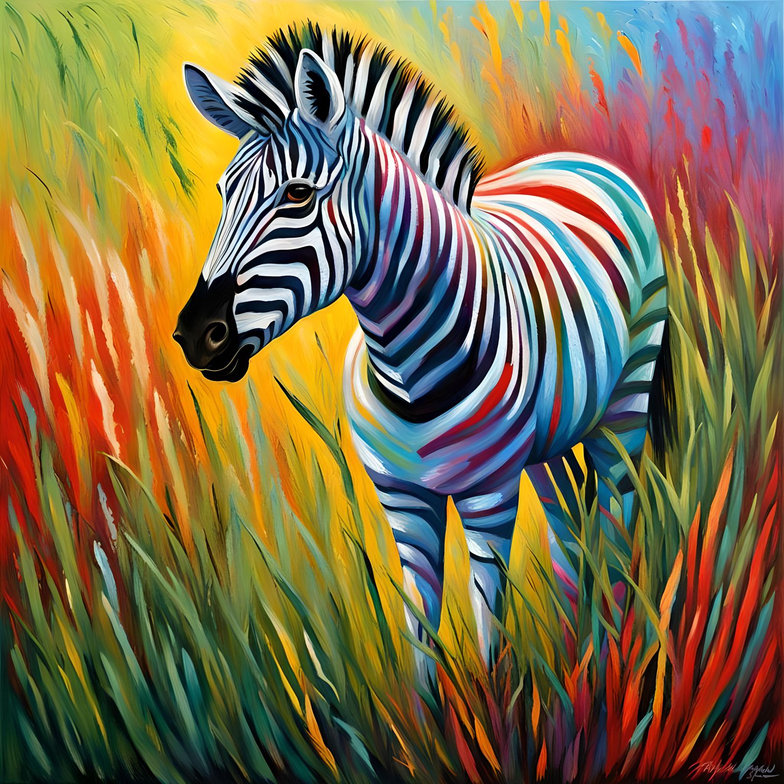 Rainbow Zebra in Grass: Expressionist Impasto Painting