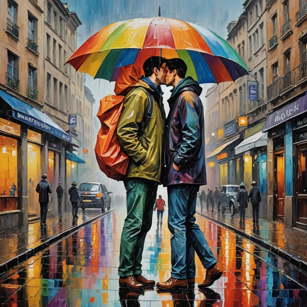 Rainy Street Kiss: An Impressionistic Oil Painting