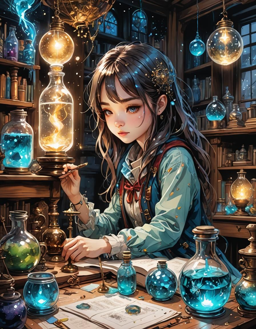 Chibi Girl Studying Stardust Potions in Ink Flow Style
