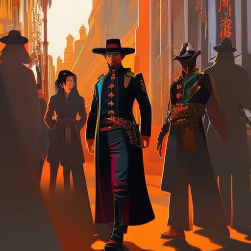 Asian-inspired Wild West scene, Pop Art-infused