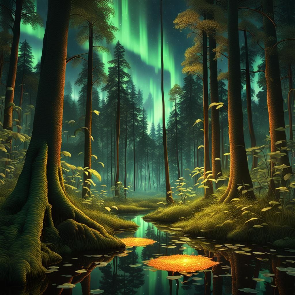Glowing Forest with Northern Lights, Chromatic Surrealism