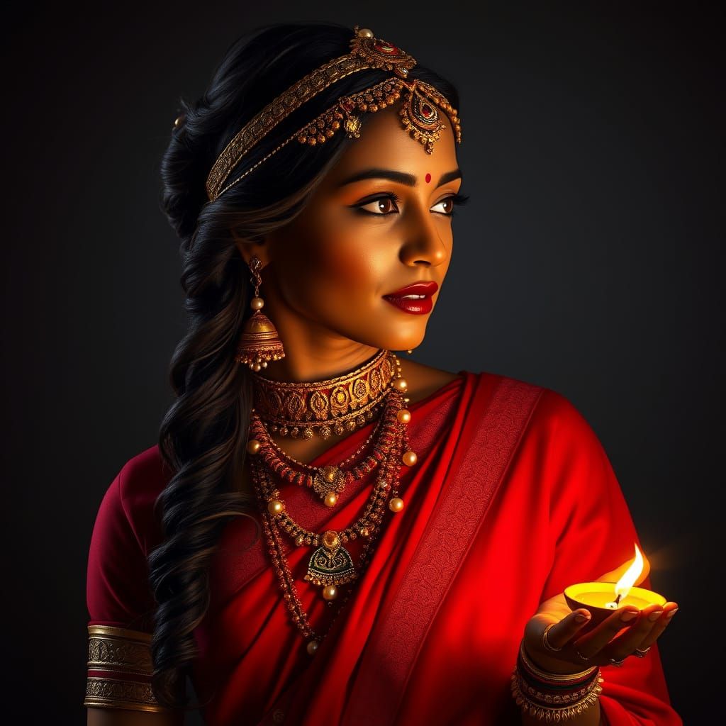 Woman in Traditional Indian Attire with Golden Accents