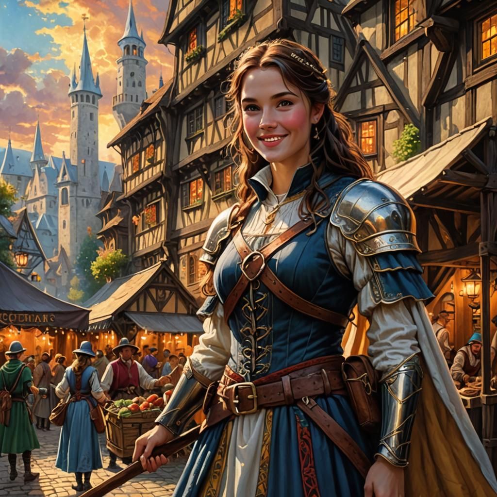 Adventurer in Ethereal Medieval Market, Hyperrealistic Style