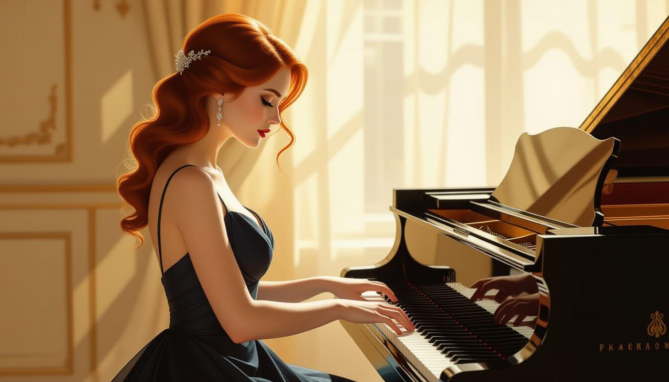 Redhead Pianist in Hyperrealistic Style