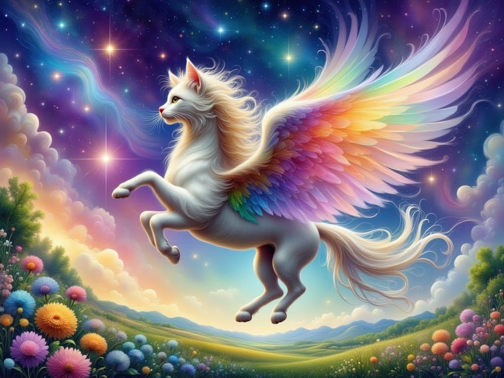 Majestic Winged Pegasus Soars with Ultra Cute Kitten Rider