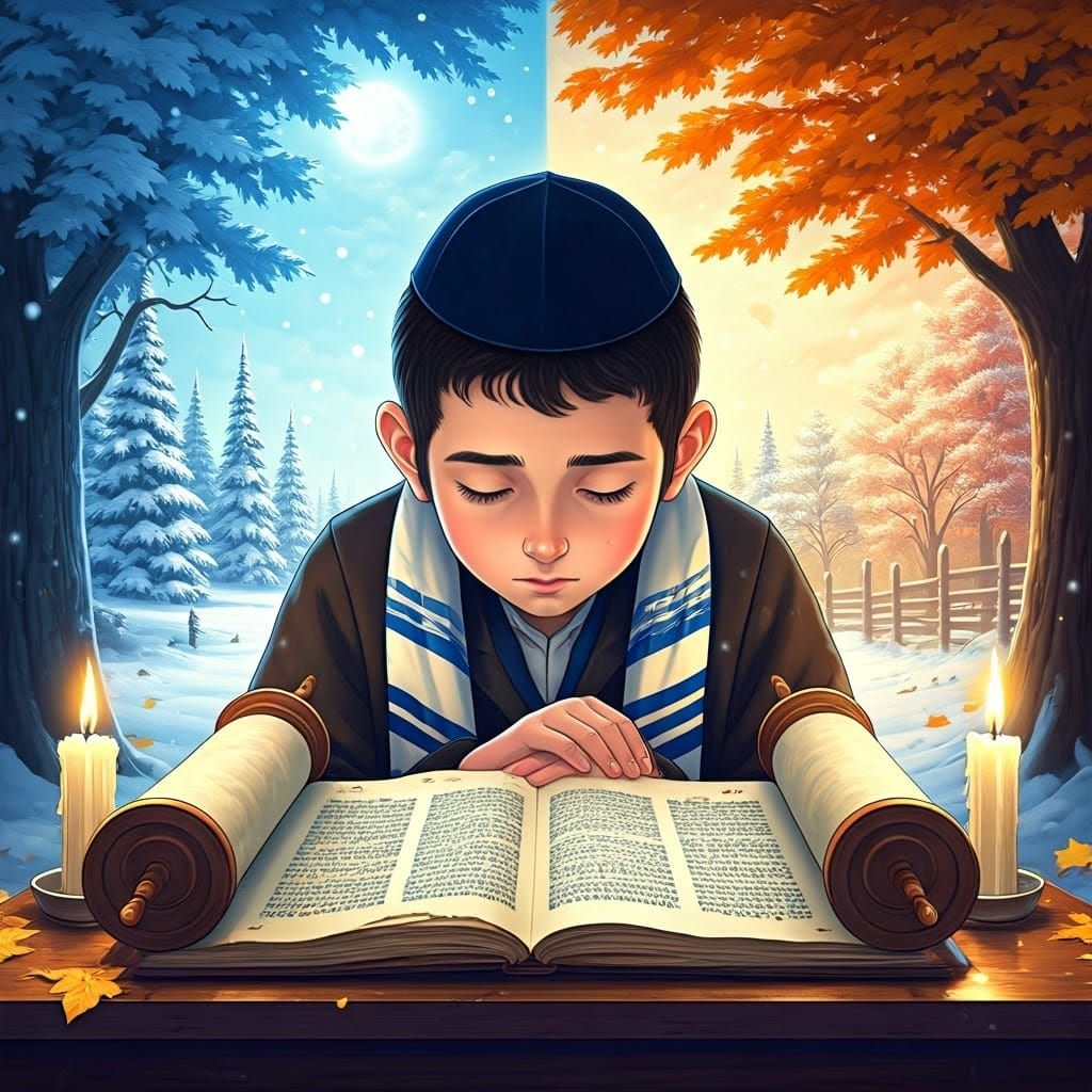 Boy Studies Torah with Contrasting Seasonal Backgrounds