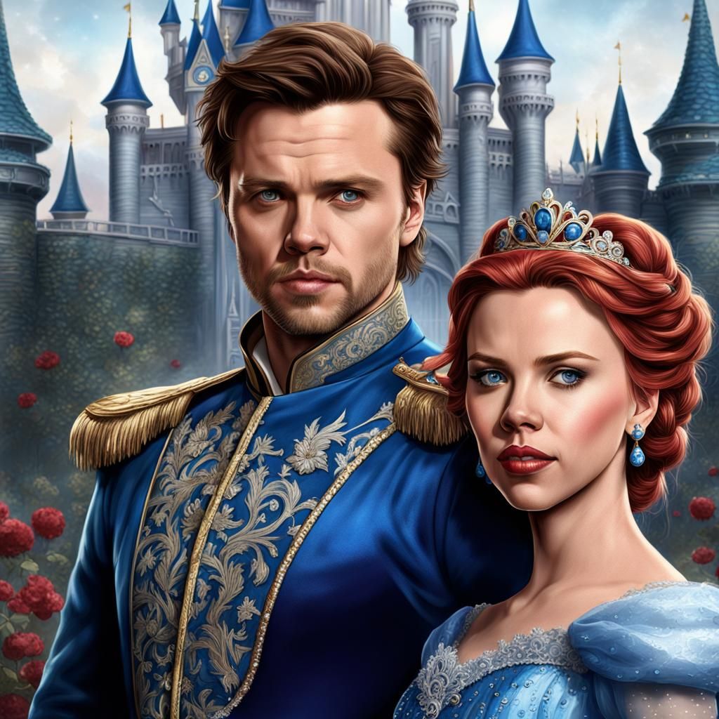 Scarlett Johansson as a disney princess with Sebastian Stan as a disney prince