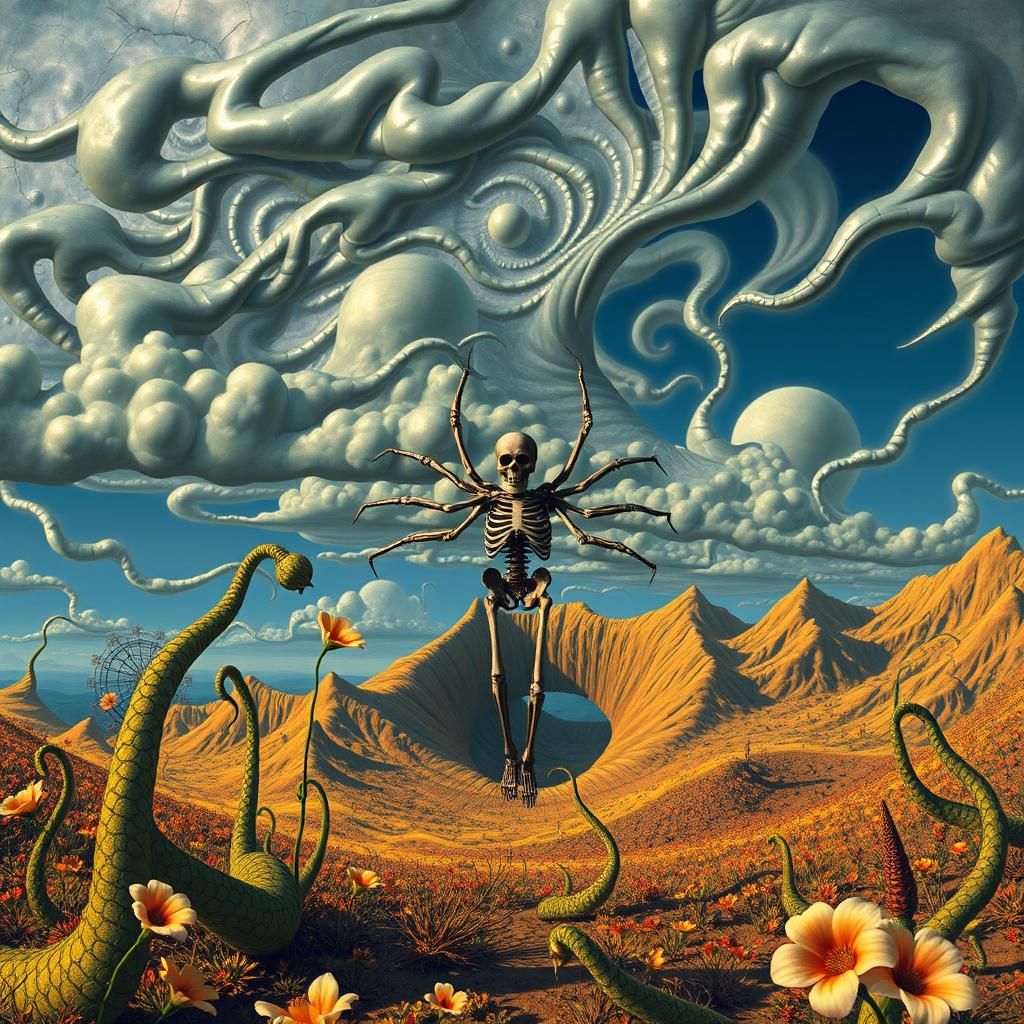 Surreal Landscape with Elastic Flora and Winged Skeleton