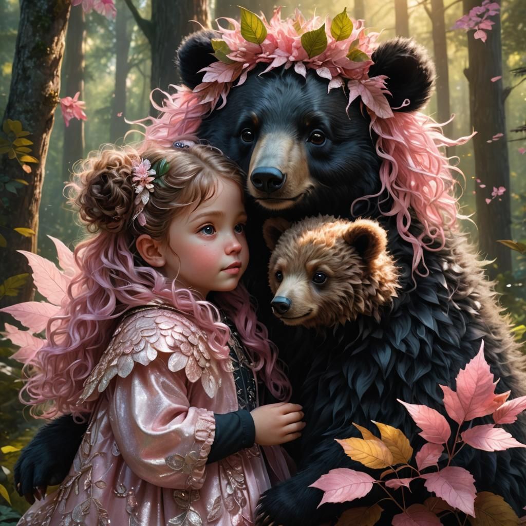 Fairy Child and Bear in Magical Forest