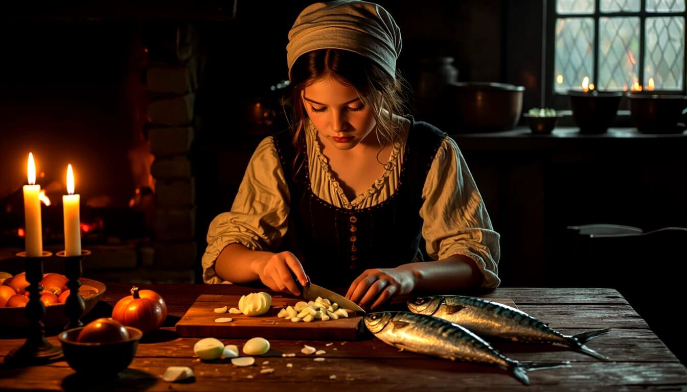 Victorian Girl Chopping Onions in Candlelit Kitchen
