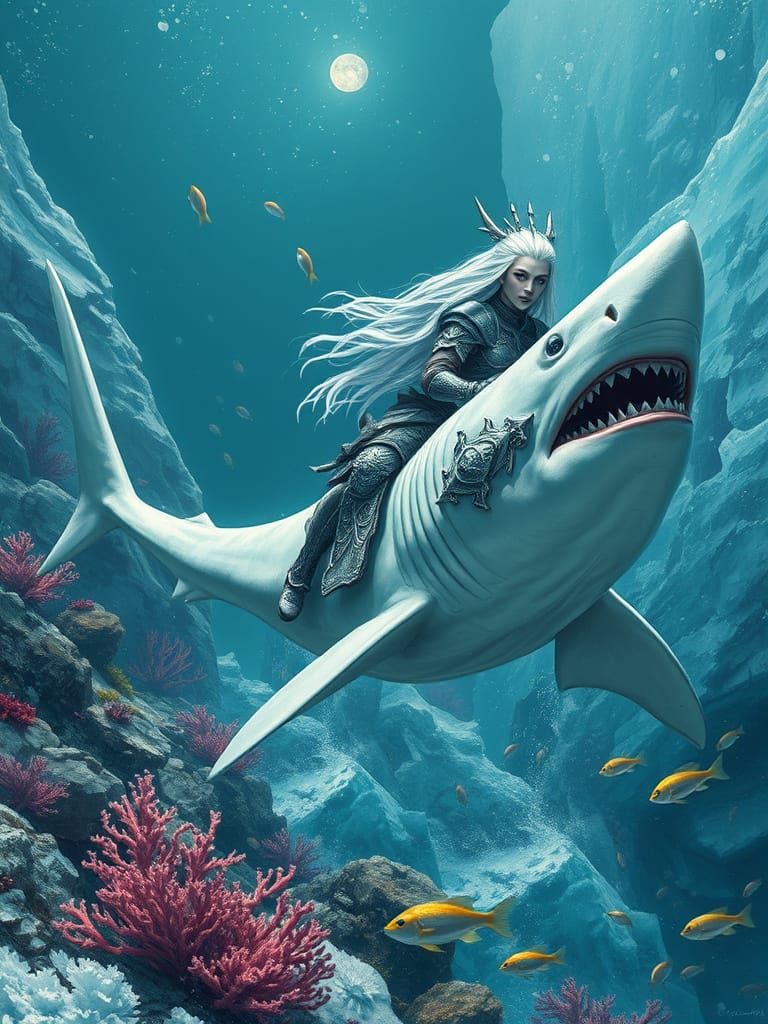Dark Fantasy Warrior Queen Rides Majestic White Shark