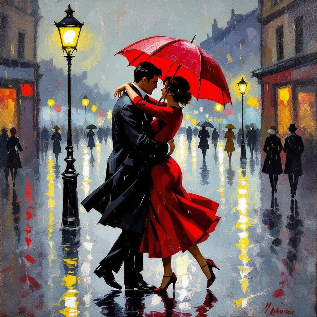 Couple Dancing in Rain Under Streetlight, Romantic Style