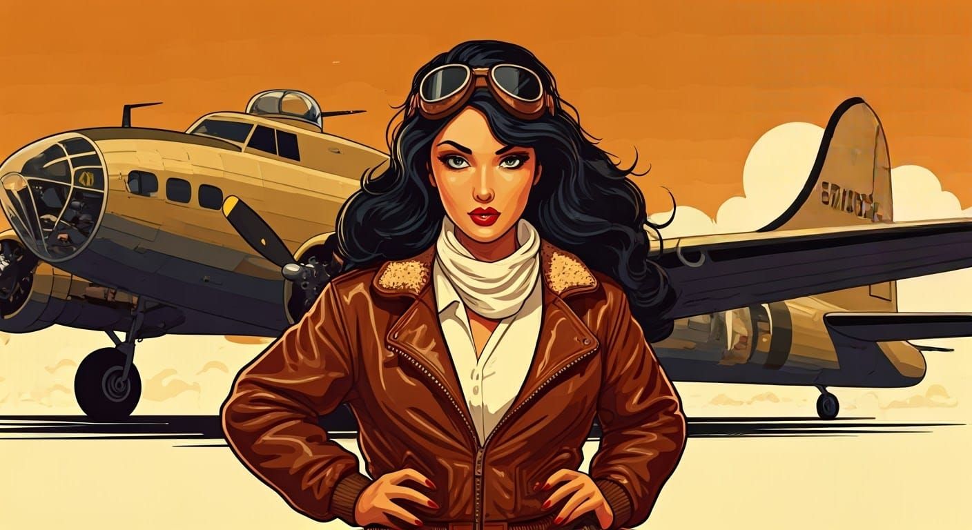 Vintage-Style Pin-Up Girl in Front of a Majestic B-17 Bomber