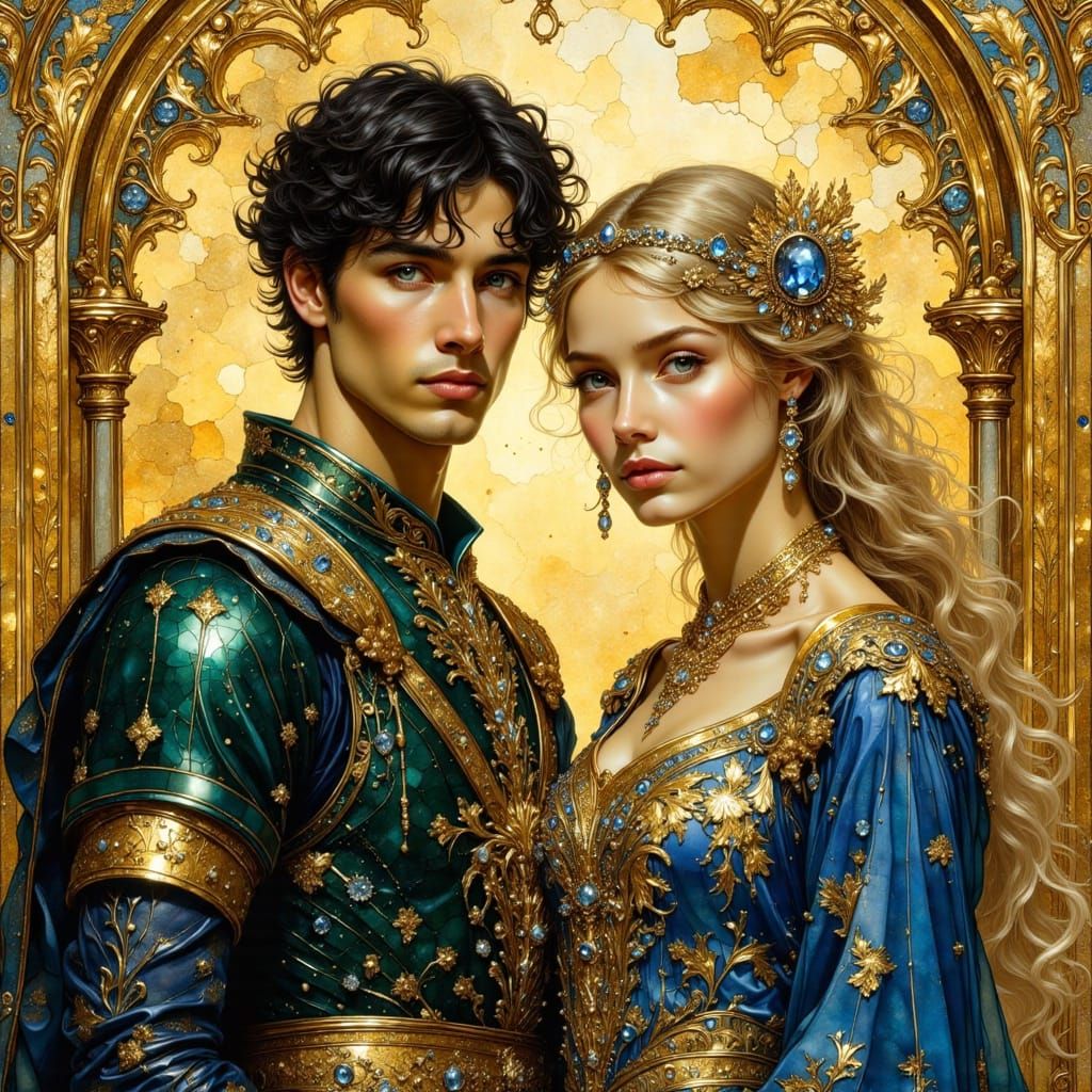 Art Nouveau Couple in Sparkling Metallic Portrait