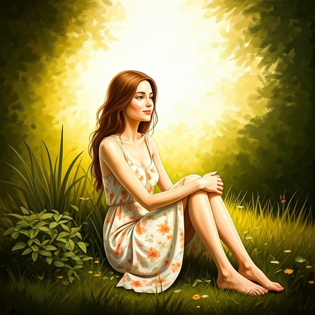 Serene Woman in Whimsical Meadow