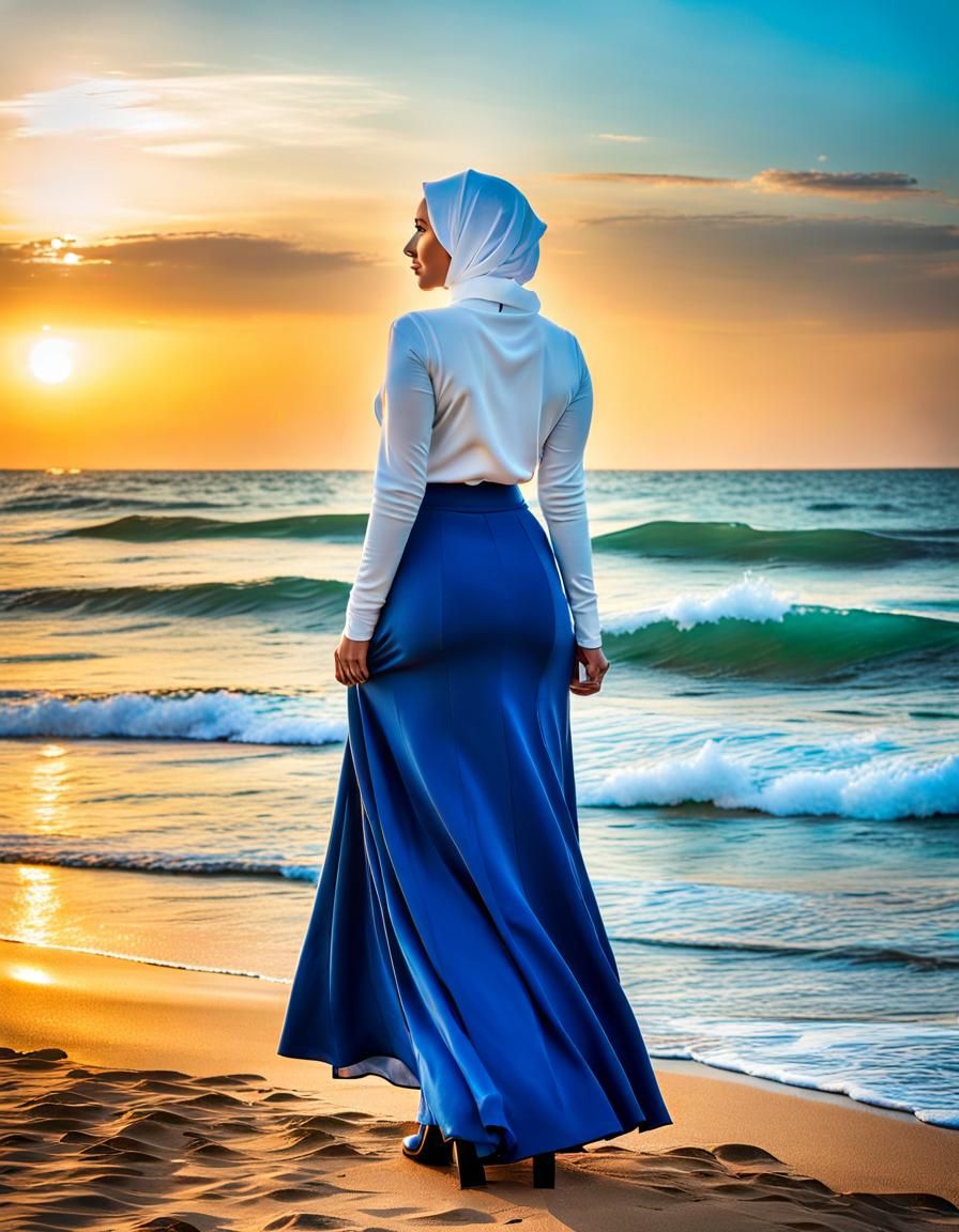 Art Deco Portrait of Woman in Hijab at Sunset
