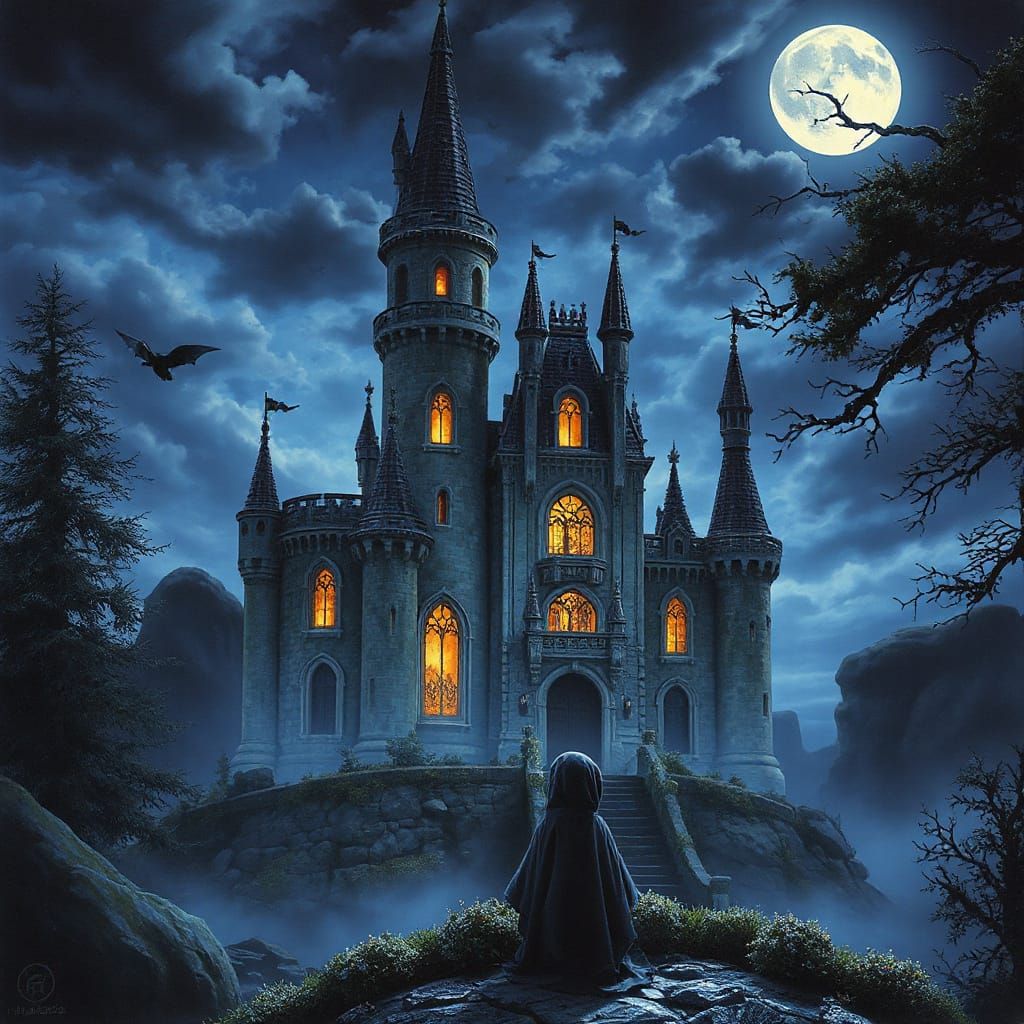 Macabre Moonlit Mystery, castle, dolls, glowing, noctilucent...