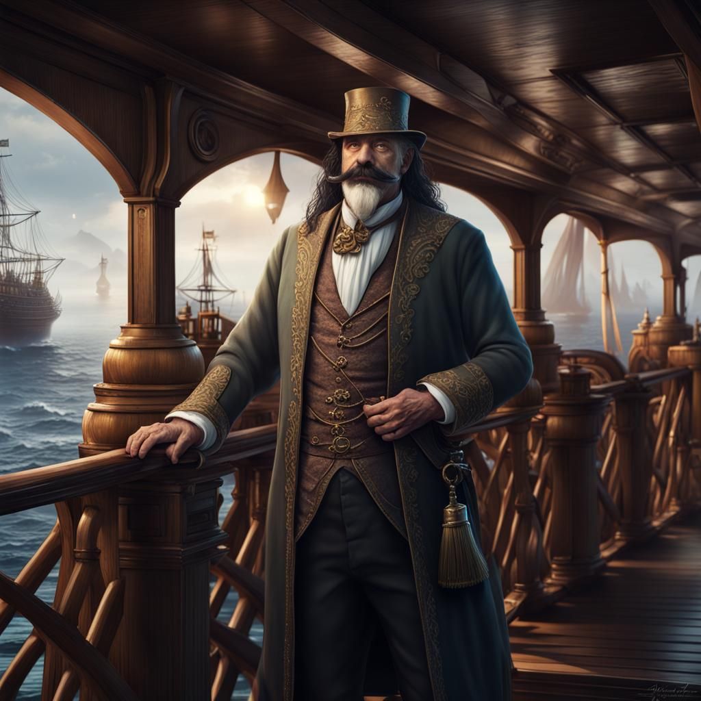Dashing Fantasy Merchant Lord on Ship Bridge