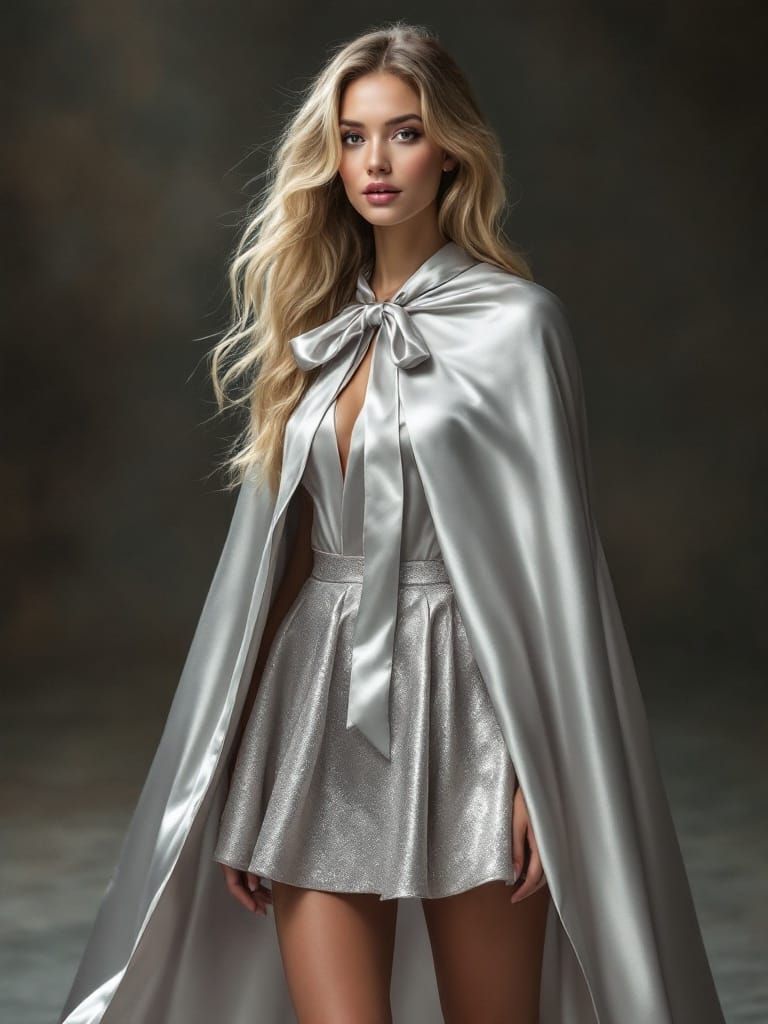 Blonde Woman in Silver Cape and Skirt