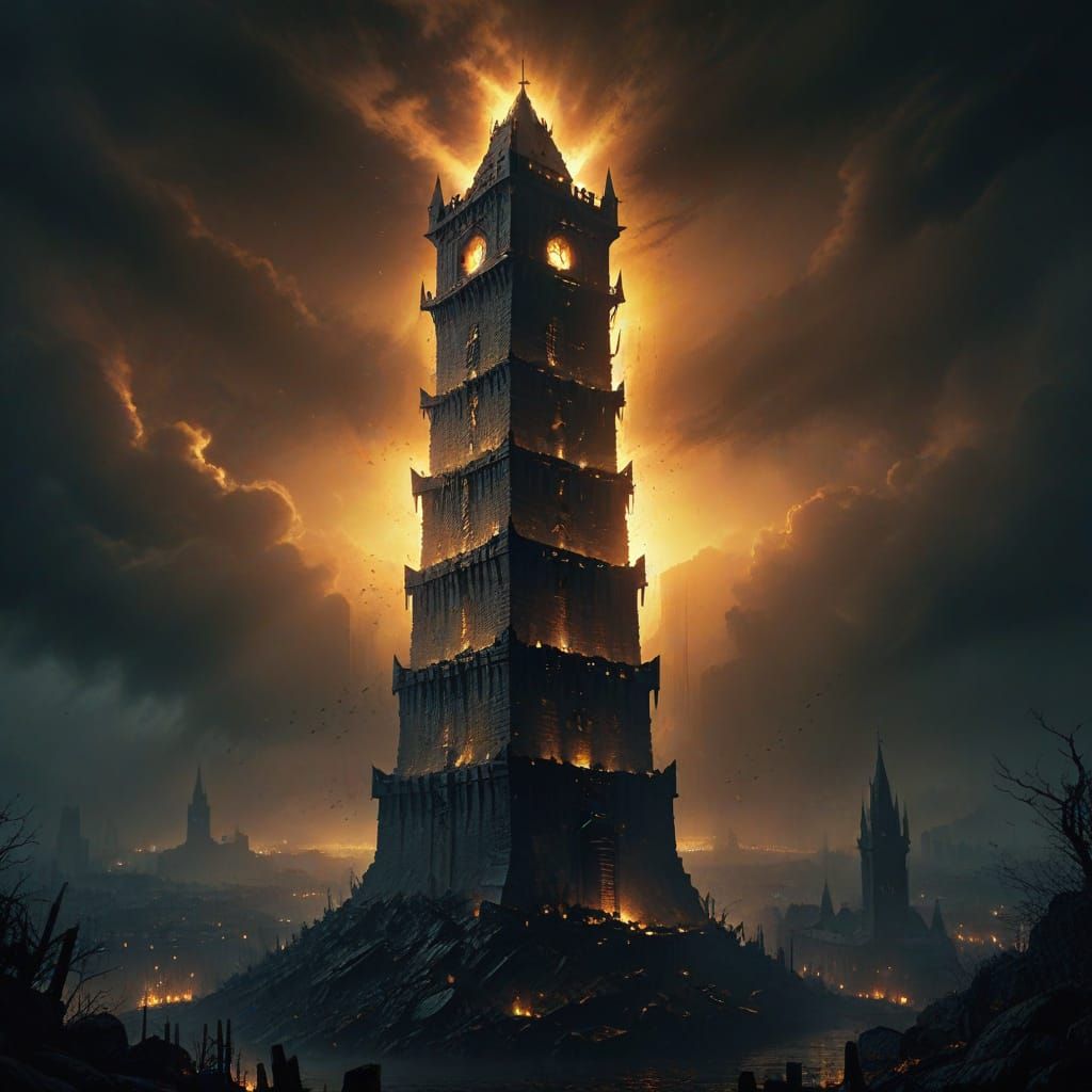 Ominous Tower of Light in Dark Fantasy City