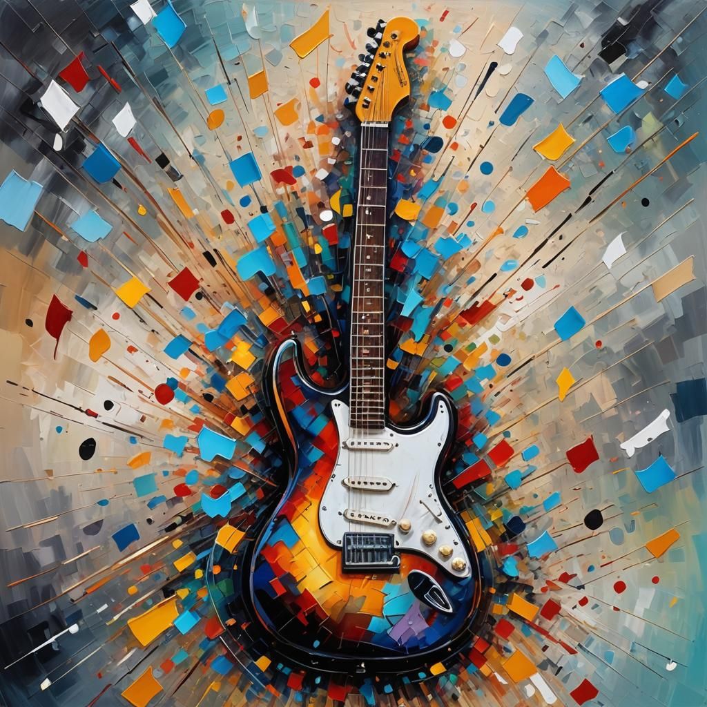 Abstract Oil Painting of Electric Guitar with Music Notes