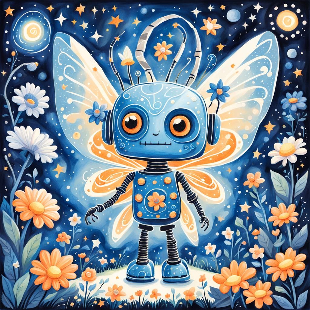 Cute Robot Fairy Grows Magic Flower, Tim Burton Style