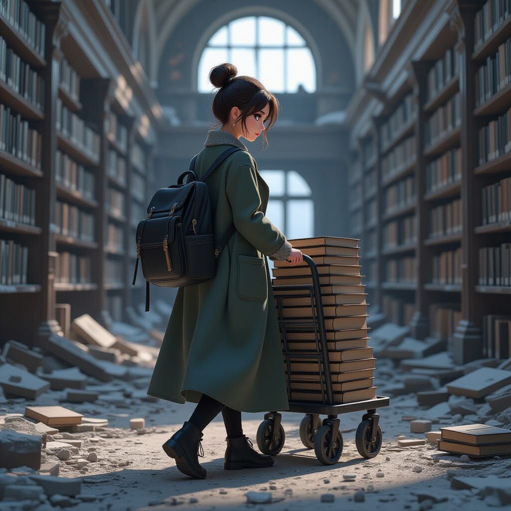 Woman Navigates Ruined Library with Book Cart