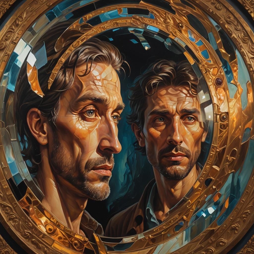 Mystic Chronos Mirror Reflection in Surreal Oil Painting