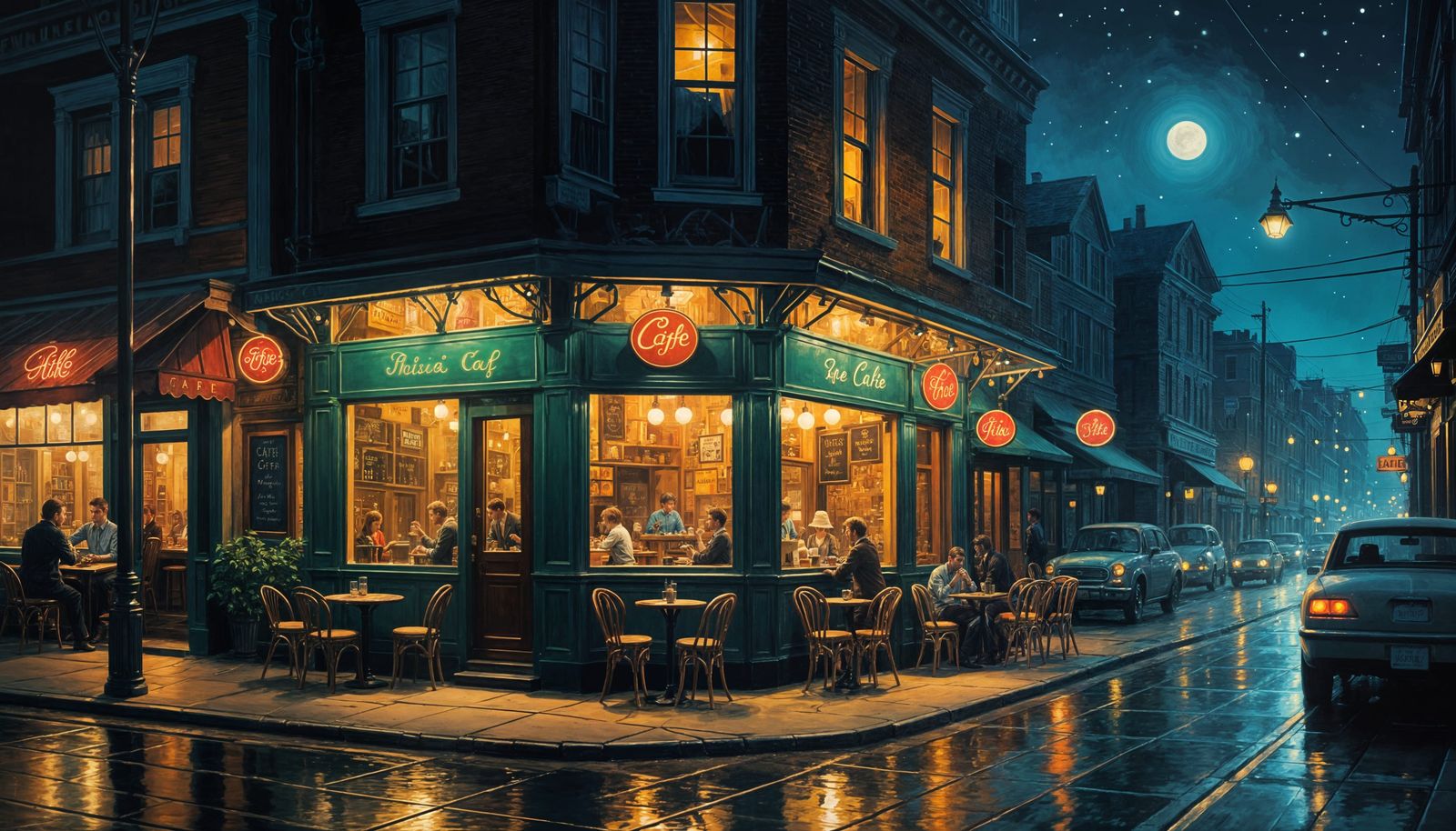 Whimsical Nighttime Cafe Scene Painted in the Style of Hoppe...