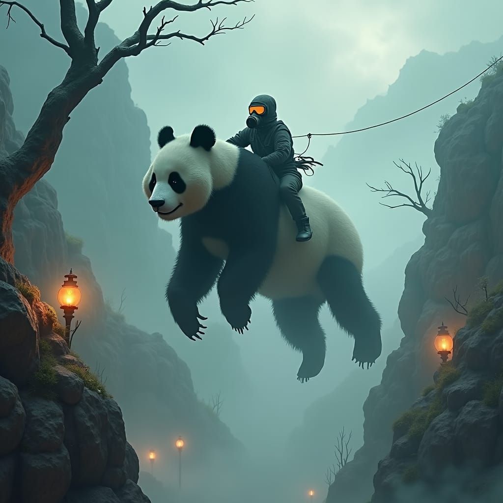 Gas Masked Human on Ghost Panda in Polluted Landscape