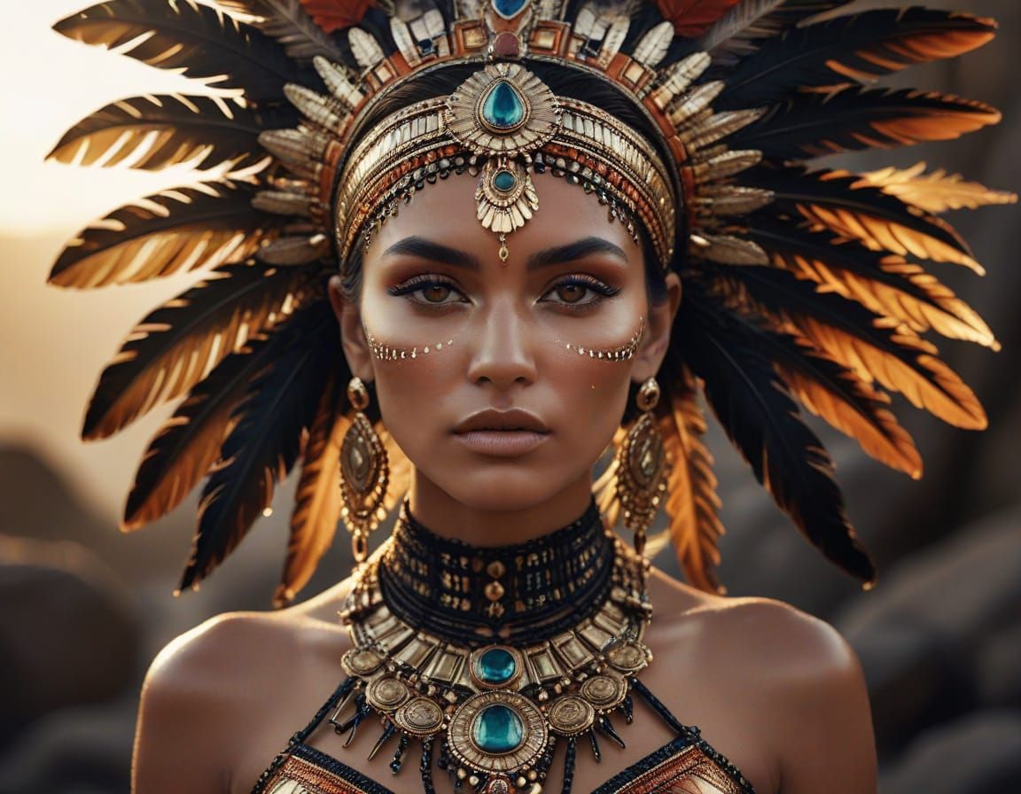Ethereal Aztec Goddess in Luxe Fashion Portrait