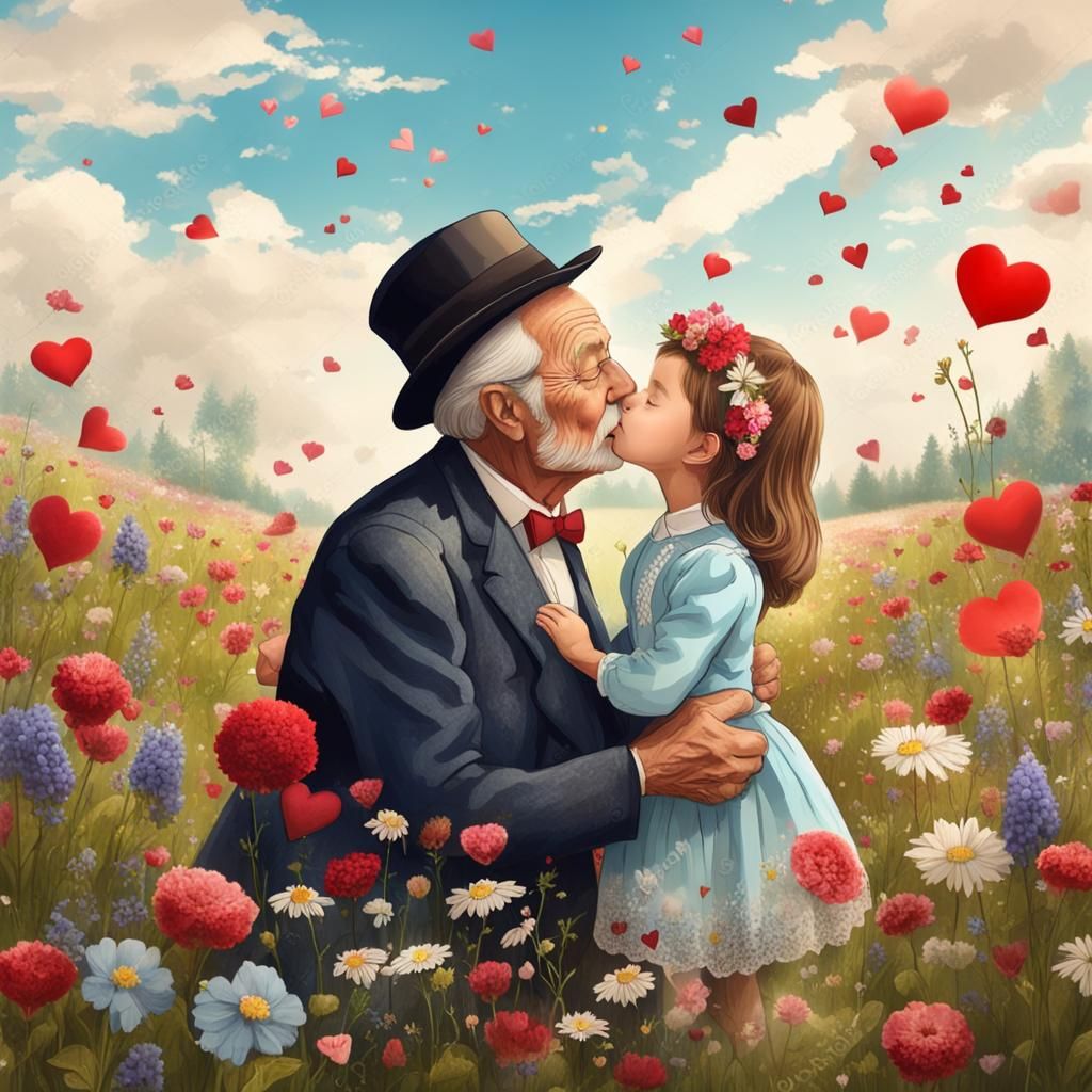 Victorian Grandpa's Affectionate Kiss in Floral Meadow