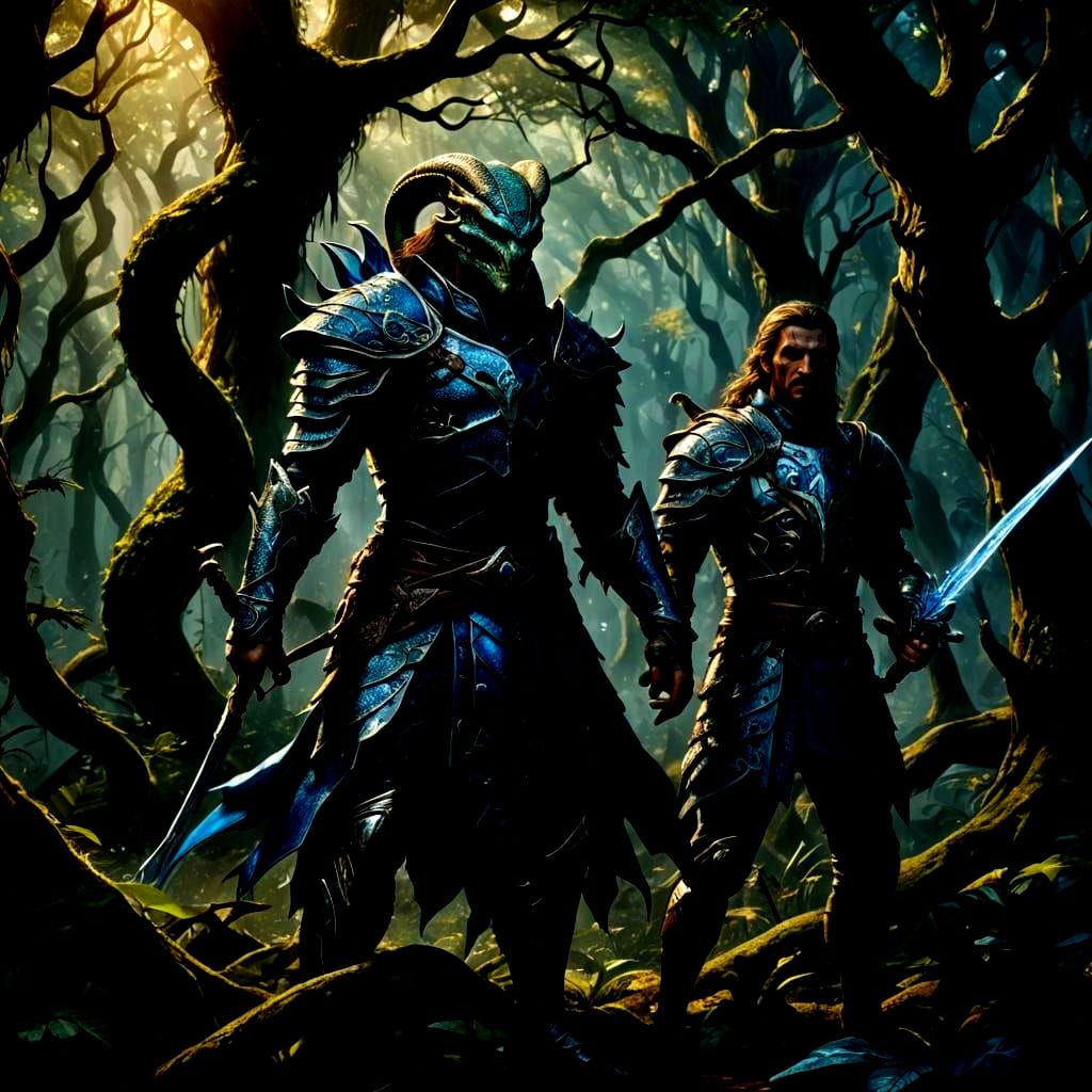 Snake-Man and Elf Battle in Fantasy Art