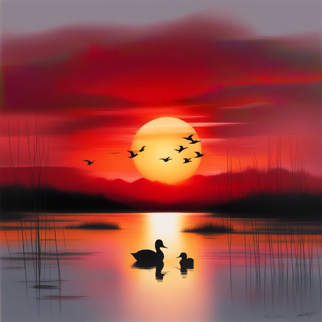 Double Exposure Monochrome Sunset with Flying Ducks and Bull...