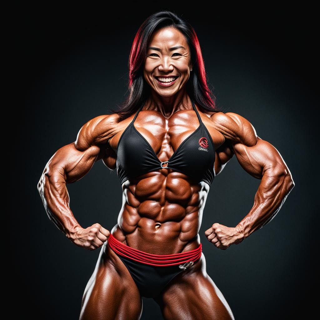 Muscular Asian Bodybuilder Flexing in Studio Lighting
