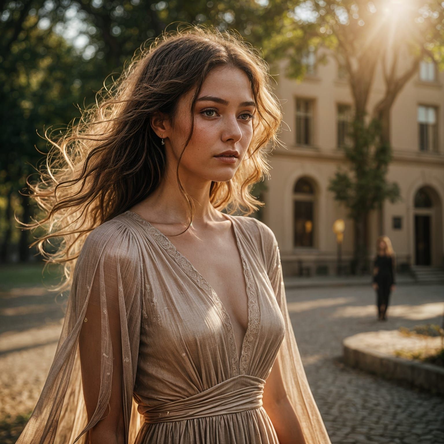 Captivating Woman in Flowing Dress Portrait