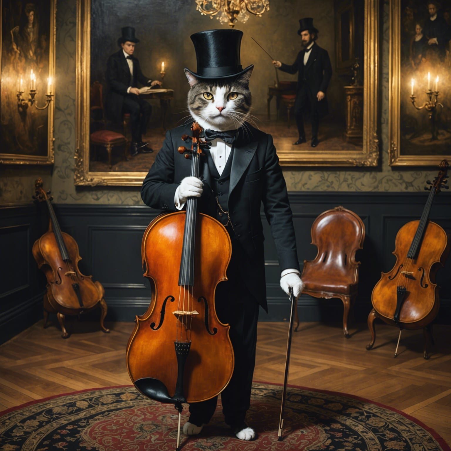 Cat Cellist in Klimt-Inspired Watercolor