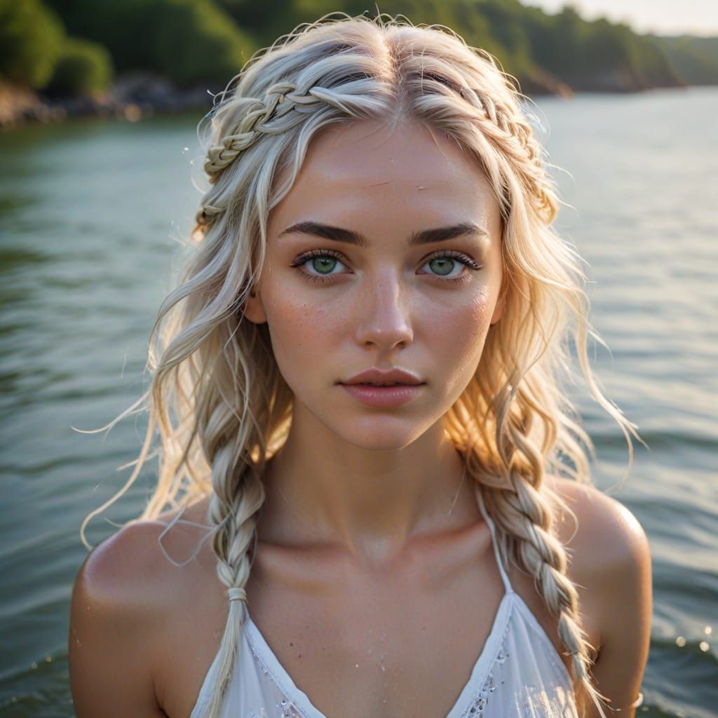 Captivating Young Woman with Vibrant Wet White Blonde Hair