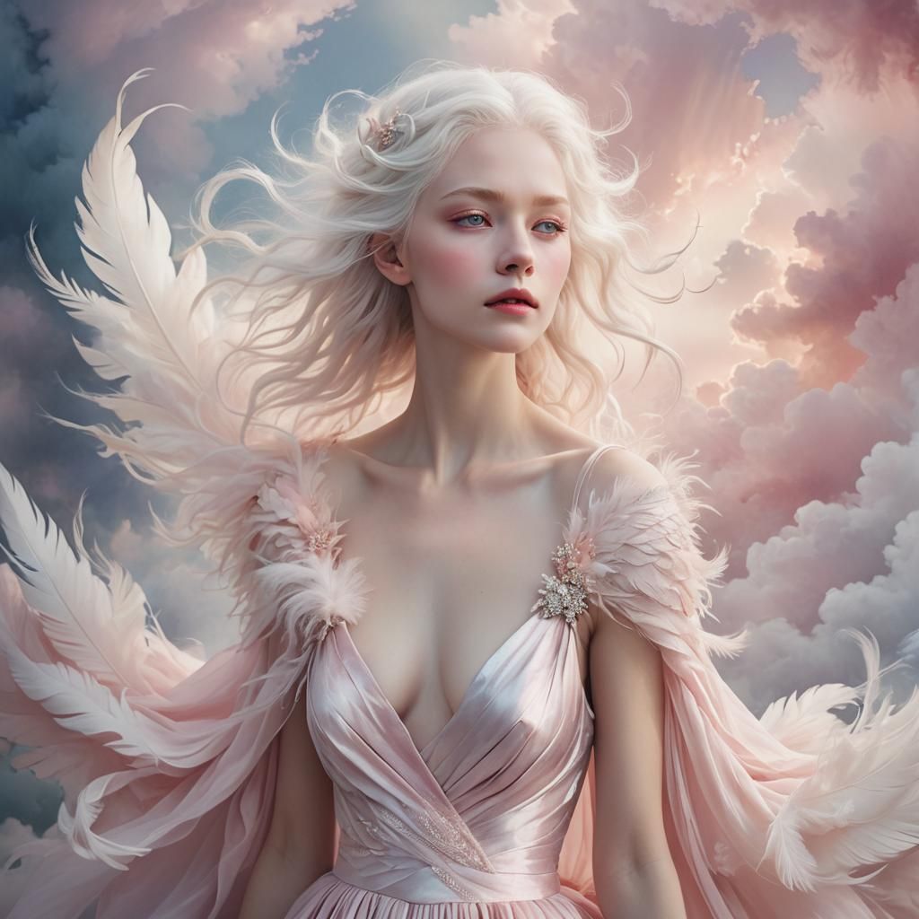 Ethereal Albino Woman in Dreamlike Watercolor Portrait