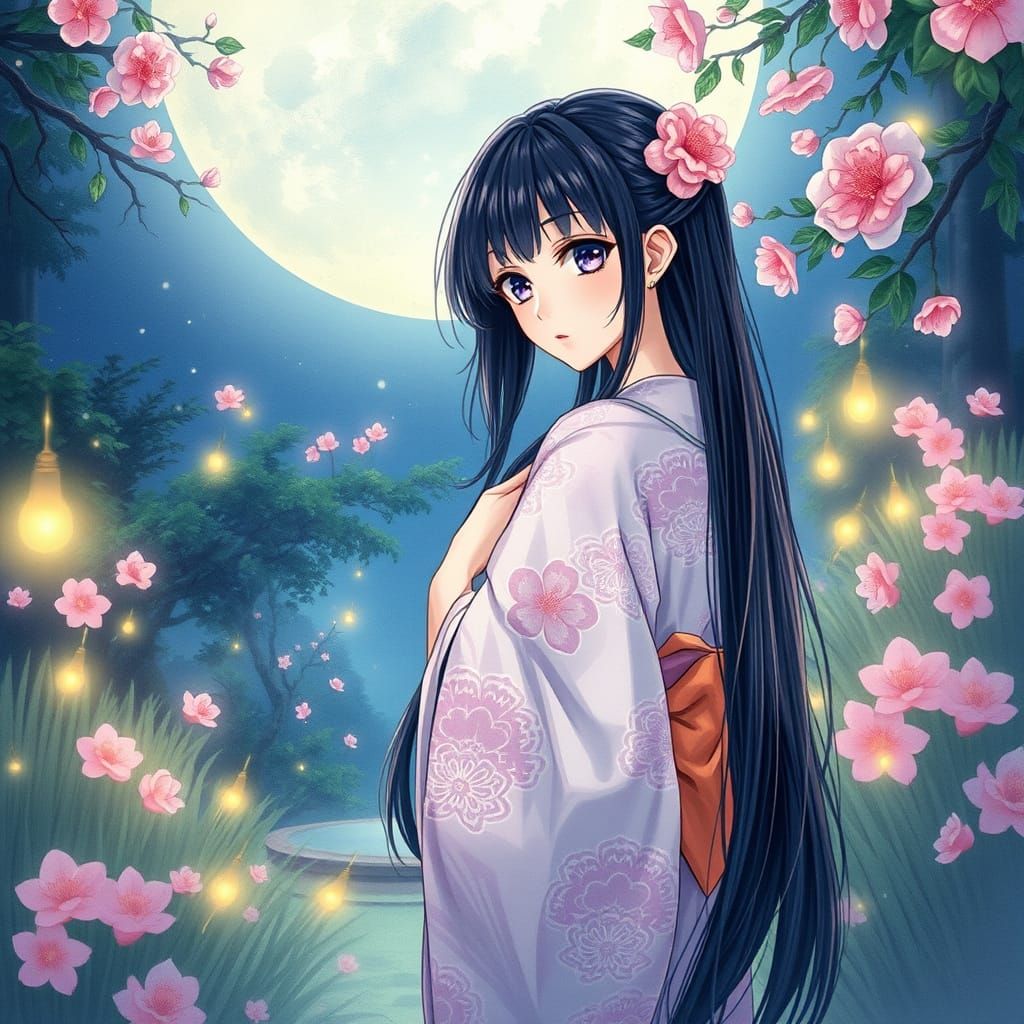 Dreamy Anime Goddess in Whimsical Moonlit Garden