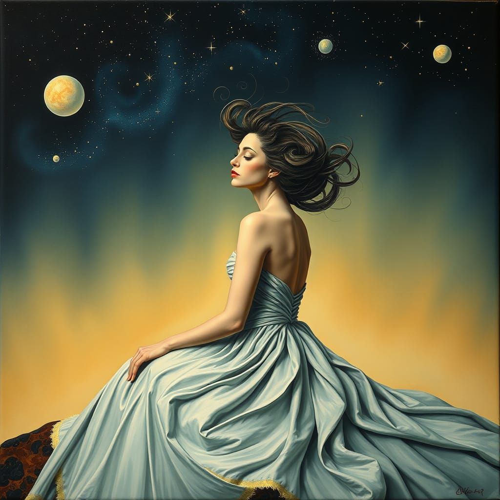 Woman Born from Celestial Bodies in Dreamlike Surrealist Sty...