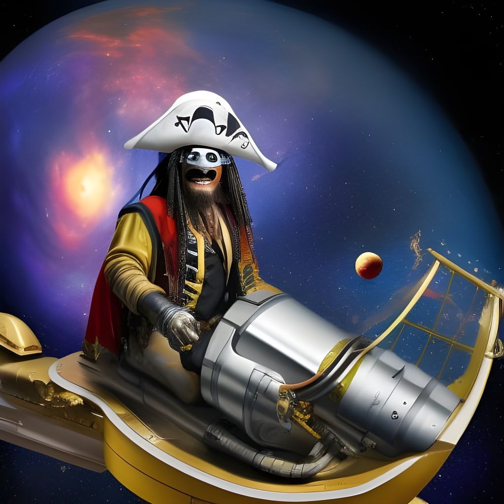 Space Pirate on Spaceboat with Parrot, Cyberpunk Style