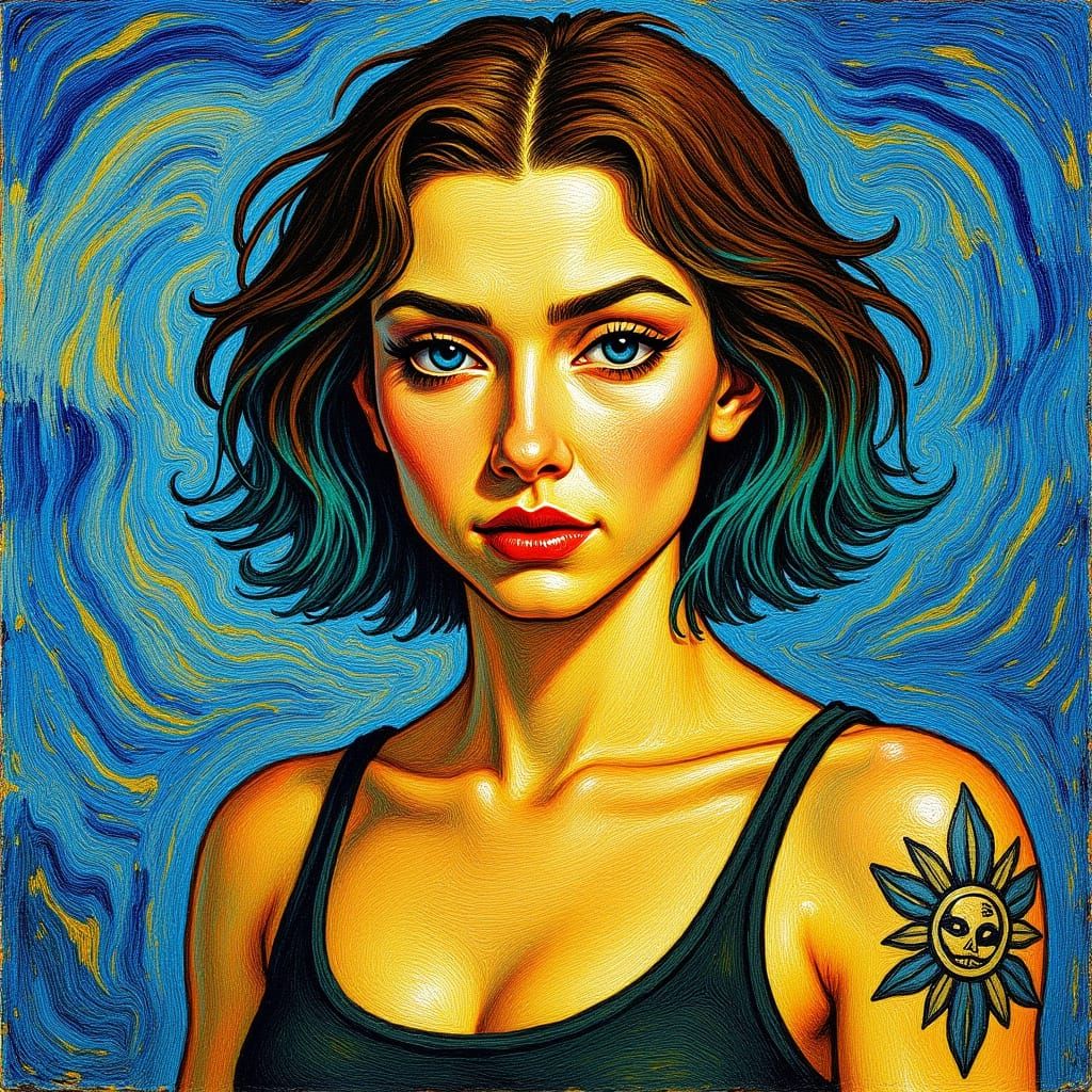 Brunette with Teal Hair in Expressive Impasto Style