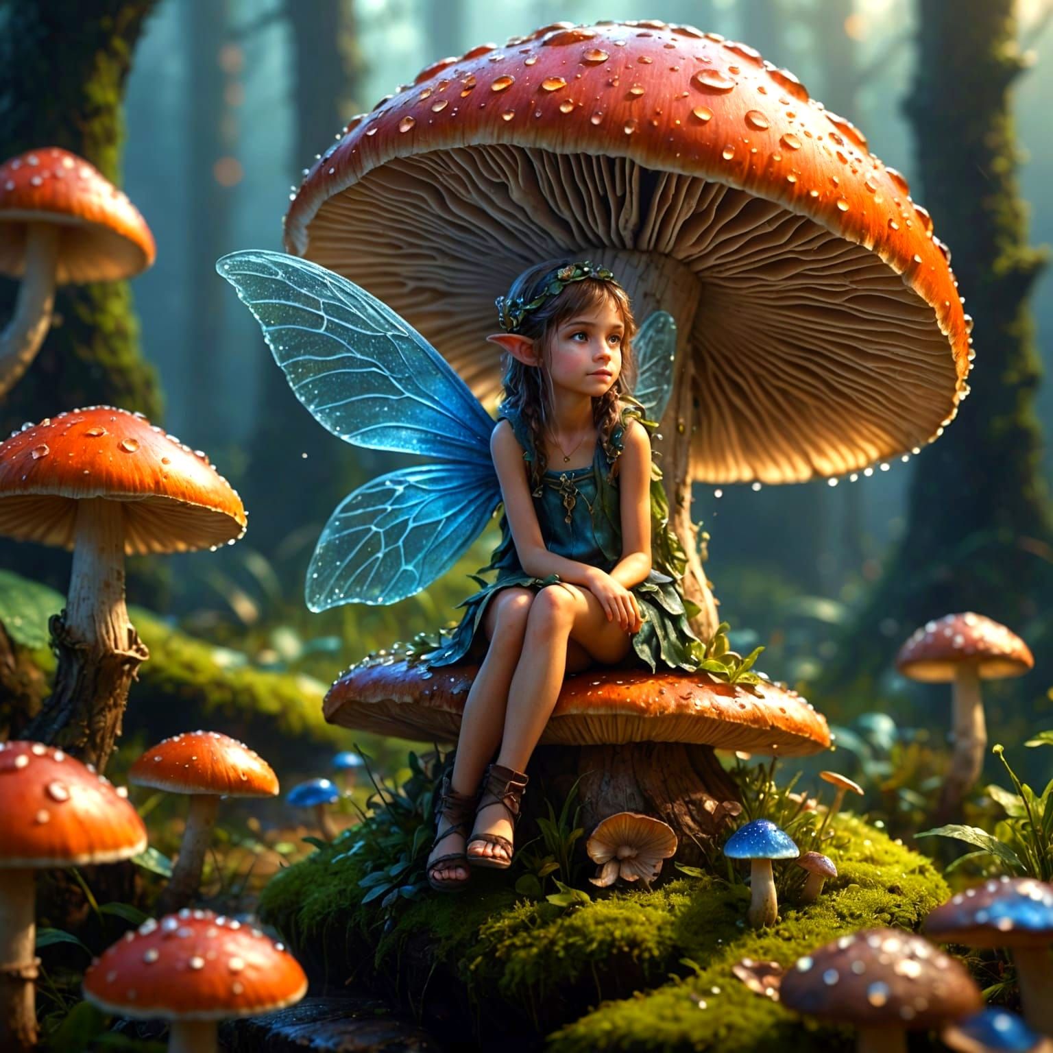 Fairy on Mushroom Reflects Morning Light