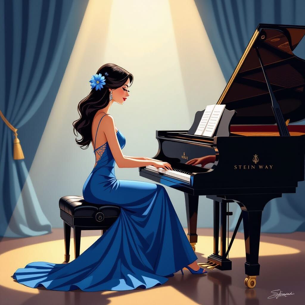 Elegant Woman Plays Grand Piano in Art Deco Style