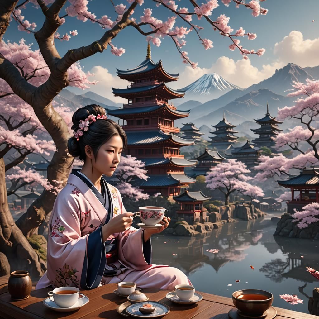 Geisha Tea Time with Sakura Tree in Matte Painting