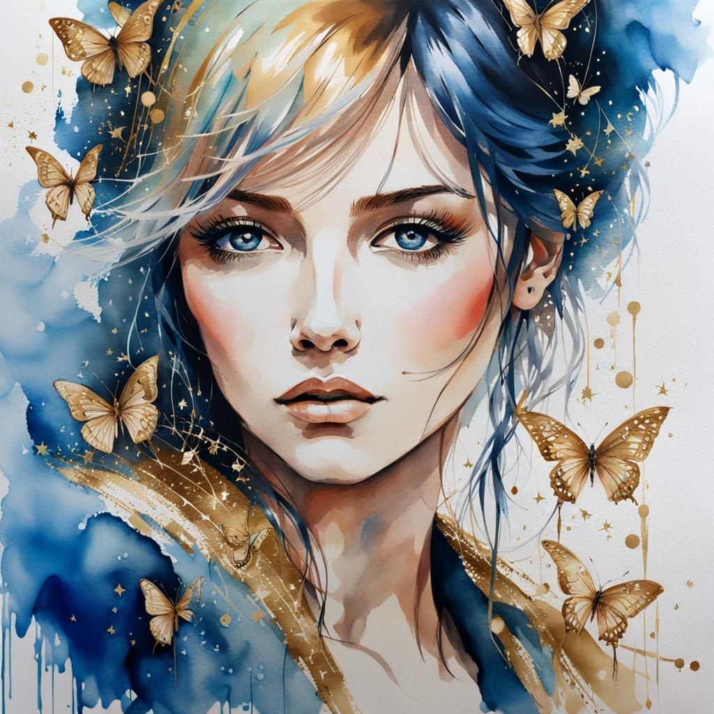 Watercolor Portrait of Woman with Butterflies
