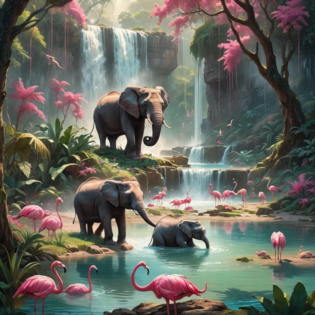 Elephant and Waterfall Fantasy Art