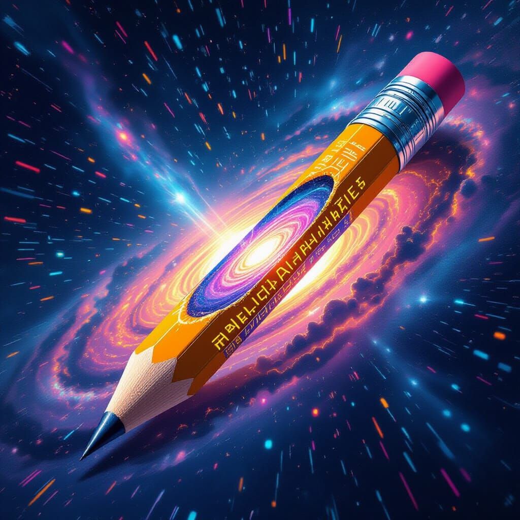 Astronaut Pencil Portal to Swirling Galaxy in Glitch Art Sty...