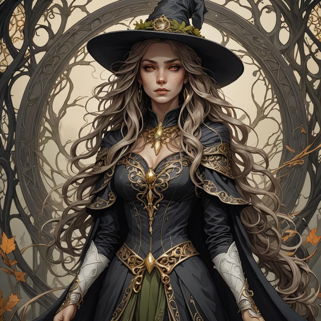 Young Witch in Dark Fantasy, Art Nouveau Style